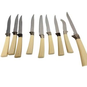 Regent Sheffield England Stainless Steel Knife Set 9pc Cream Handles Vintage MCM